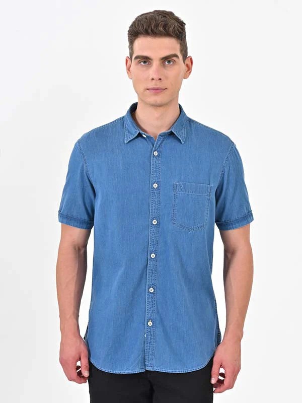 Indian Terrain Men's Regular Fit Half Sleeve Solid Blue Shirt